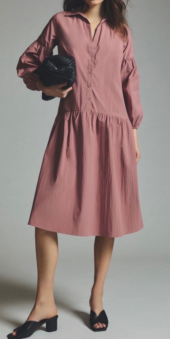 Anthropologie Maeve Button-Front Taffeta Dress Rose Pink